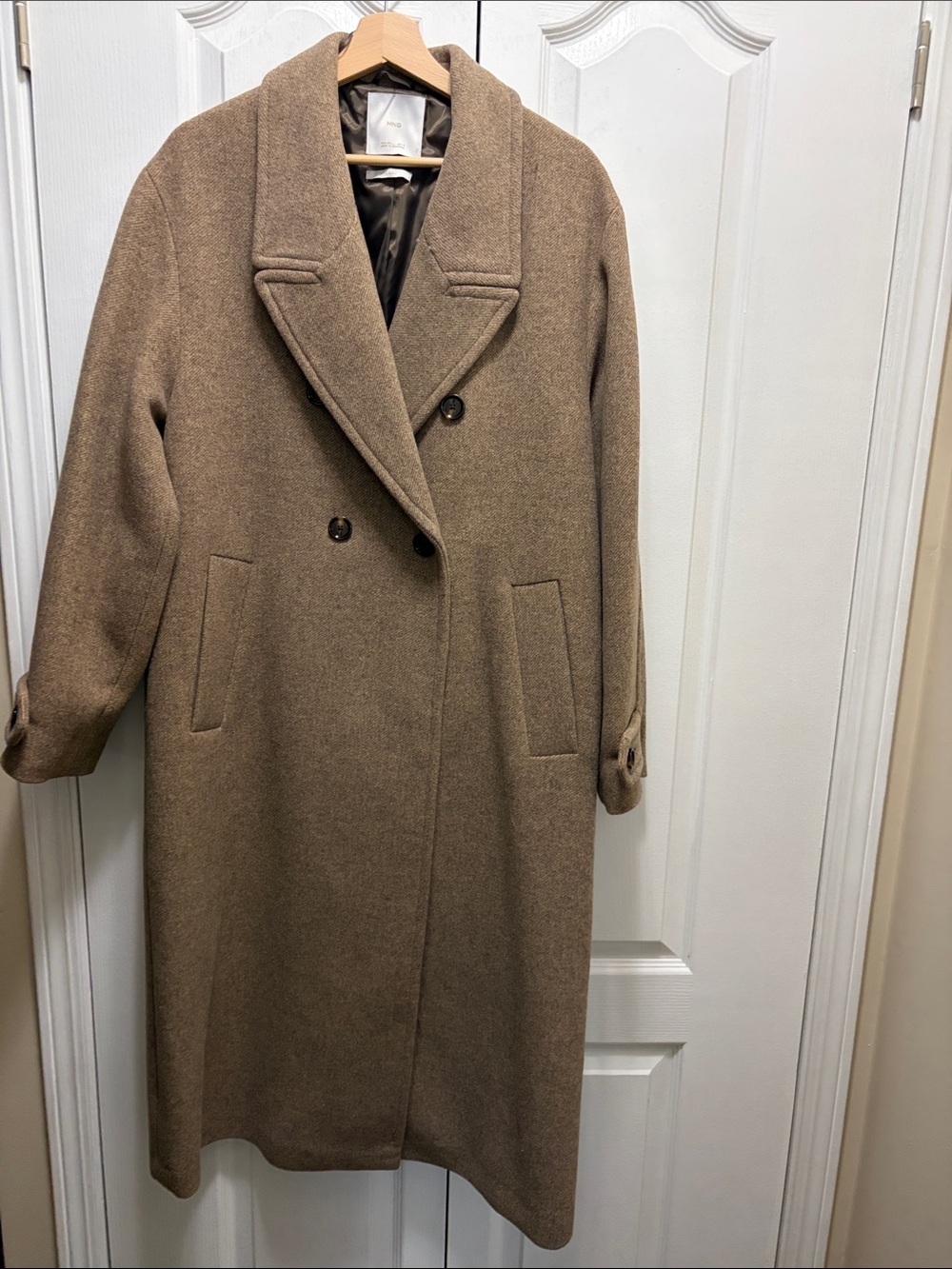 Mango Double-Breasted Wool Blend Pea Coat in Brown Melange size L